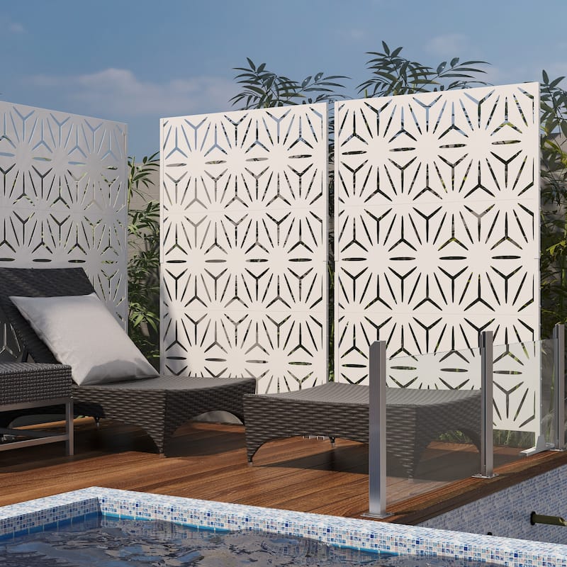 Outdoor Privacy Screen with Stand for Patio Garden Metal Fence - White - 005-Star