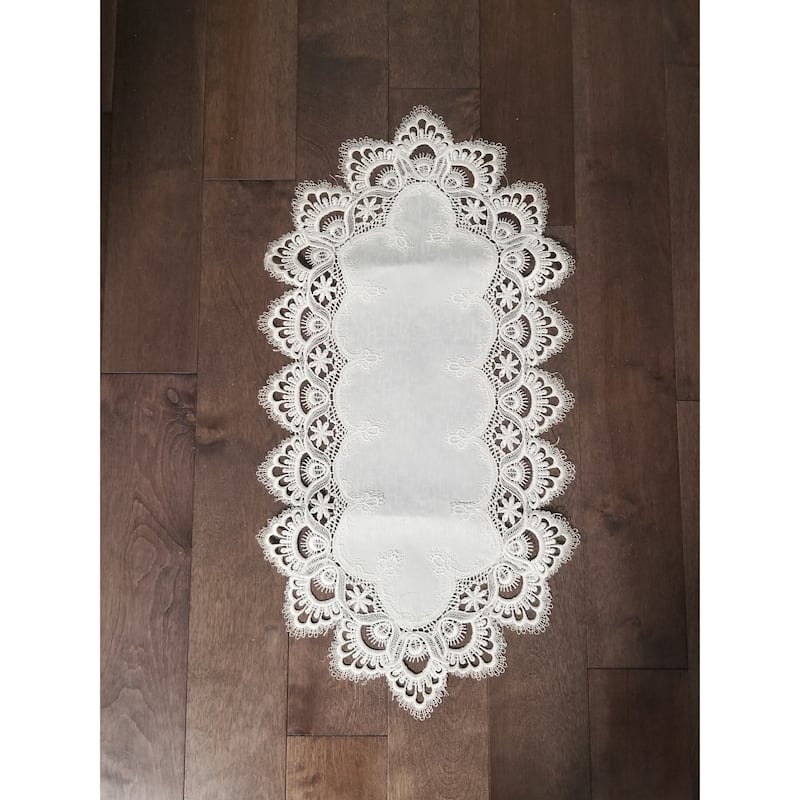 White Floral Lace Embroidered Cutwork Rectangular Table Runner, 14 by 27 inch Table Linen Decor, Water Resistance - 14 x 27"