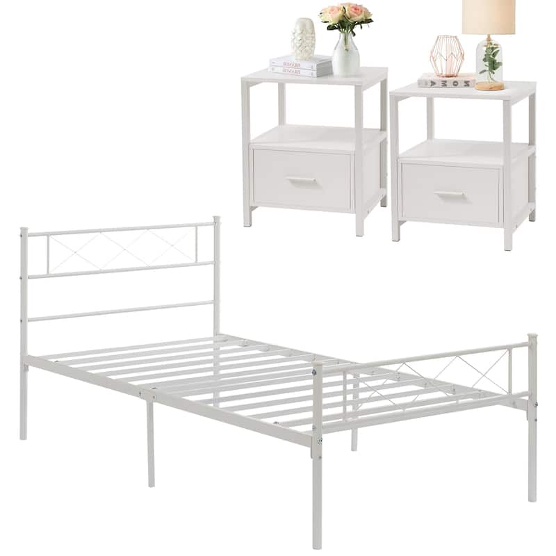 VECELO Industrial 3-Piece Bedroom Set Black Platform Bed Frame with Headboard and Modern Nightstand Set of 2