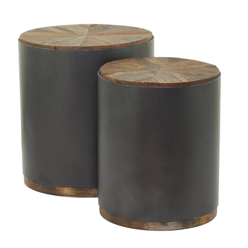 Metal Side End Accent Table with Brown Wood Top - Set of 2 Black - Roche River Decor