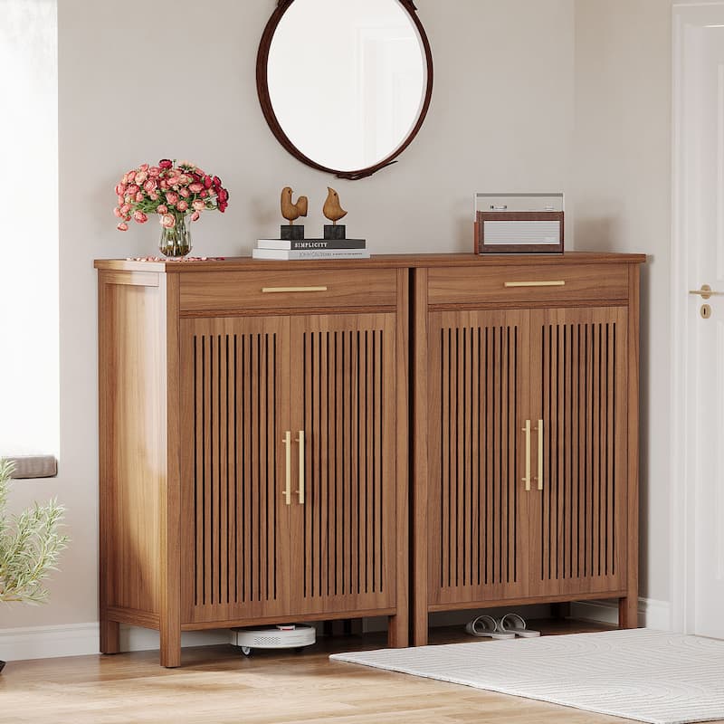 Shoe Storage Cabinet with Louvered Doors & Drawer, Wooden Shoe Rack for Closet, Entryway
