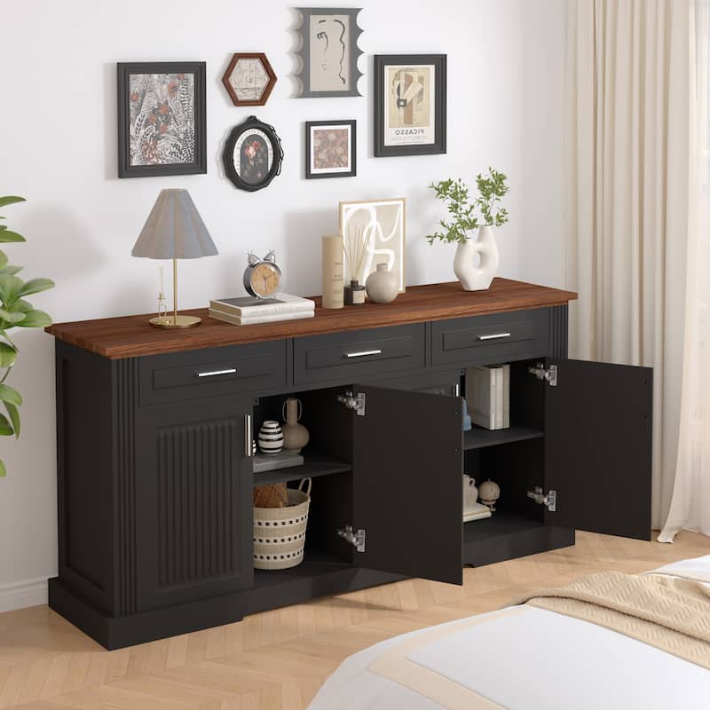 63" Fluted Farmhouse Credenza - Multi-Functional Storage Unit with Coffee Bar Top, 4 Cabinet Doors & 3 Organizational Drawers‌