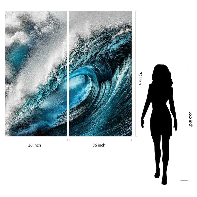 "Sapphire Sea" Oversized 72"x 36" Frameless Reverse Printed Tempered Art Glass Wall Art Set