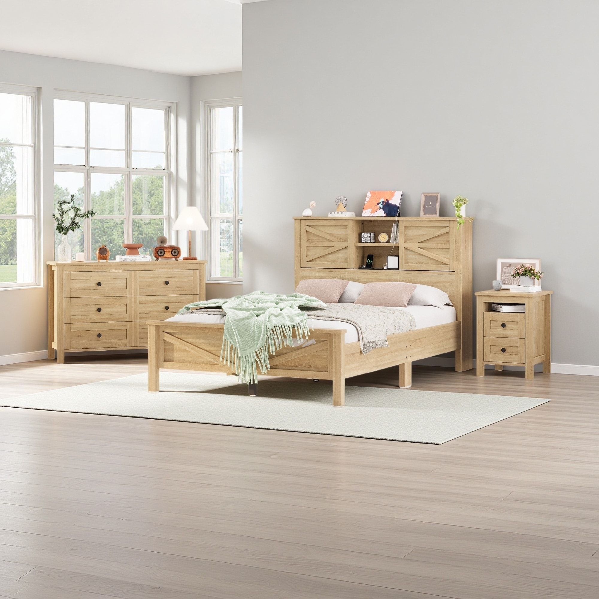 Full Size Farmhouse MDF Metal Platform Bed with Double Sliding Door Storage Headboard and Charging Station, Nightstand, Dresser