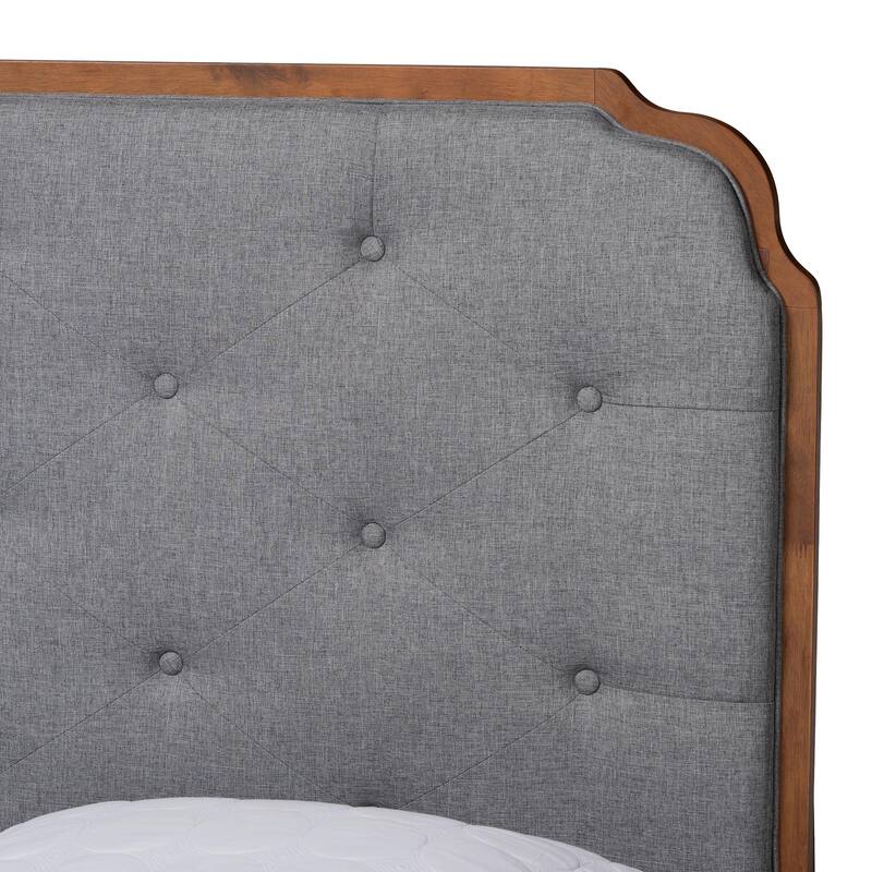 Lorana Mid-Century Modern Grey Fabric and Walnut Brown Wood Queen Size Platform Bed
