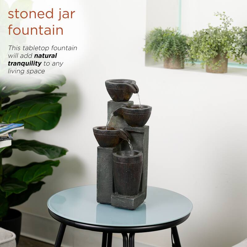 Alpine Corporation TZL416 14" Stoned Jar Water Fountain with Cascading LED Lights for Home, Office, and Desk Decor, Grey
