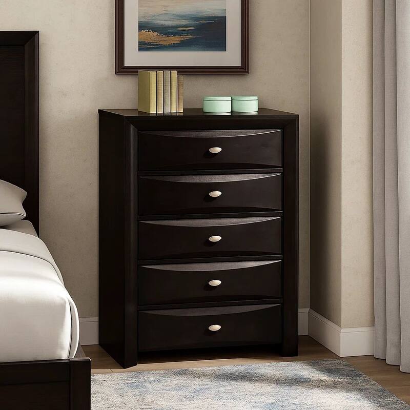 Simo Tall Dresser Chest, 5 Drawers, Chrome Handles, Modern Black Wood