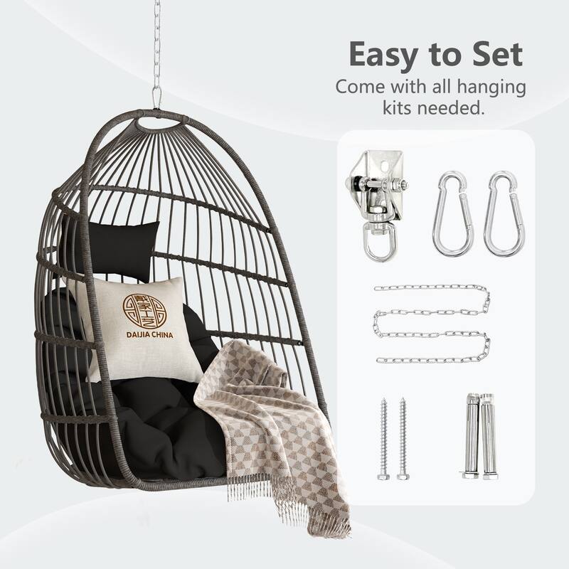 Hanging Chair PE Hanging Chair with Stainless Steel Suspension kit, Outdoor Garden Rattan Egg Swing Chair with Cushion