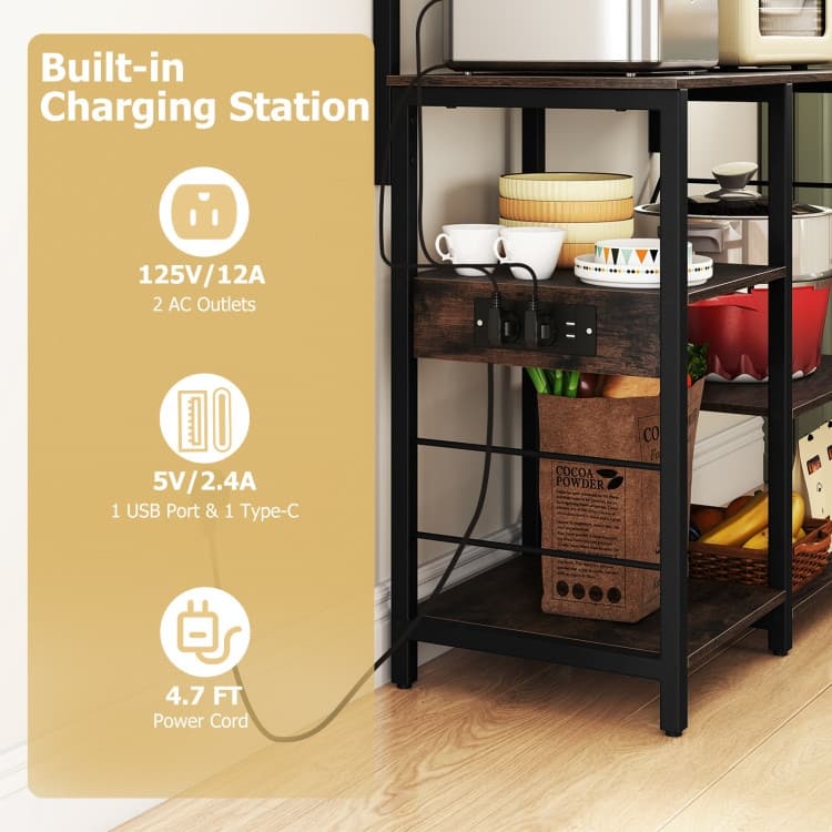 Kitchen Baker’s Rack with Charging Station, LED Light, Coffee Bar Station with Shelves - 35.5" x 16" x 58"