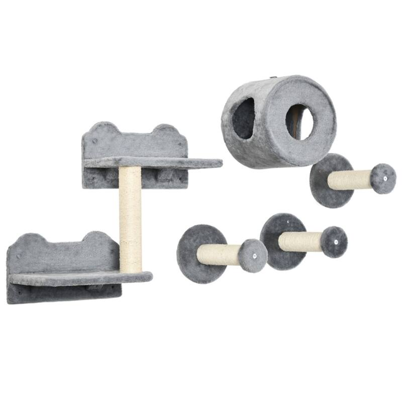 Cat Wall Shelves & Climbing Tower 5PC Set - Condo, Scratching Posts & Jumping Platforms - 27.5" L x 11" W x 22.75" H