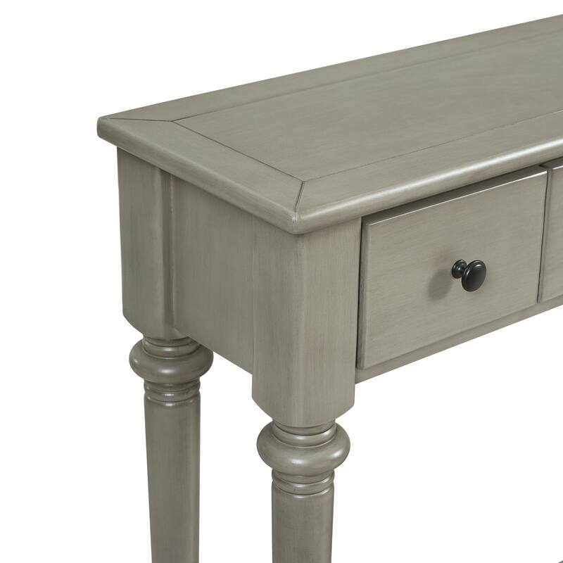 Versatile Hallway Table Side Table with 4 Storage Drawers, Gray Wash Accent Table Sofa Table with Bottom Open Shelf