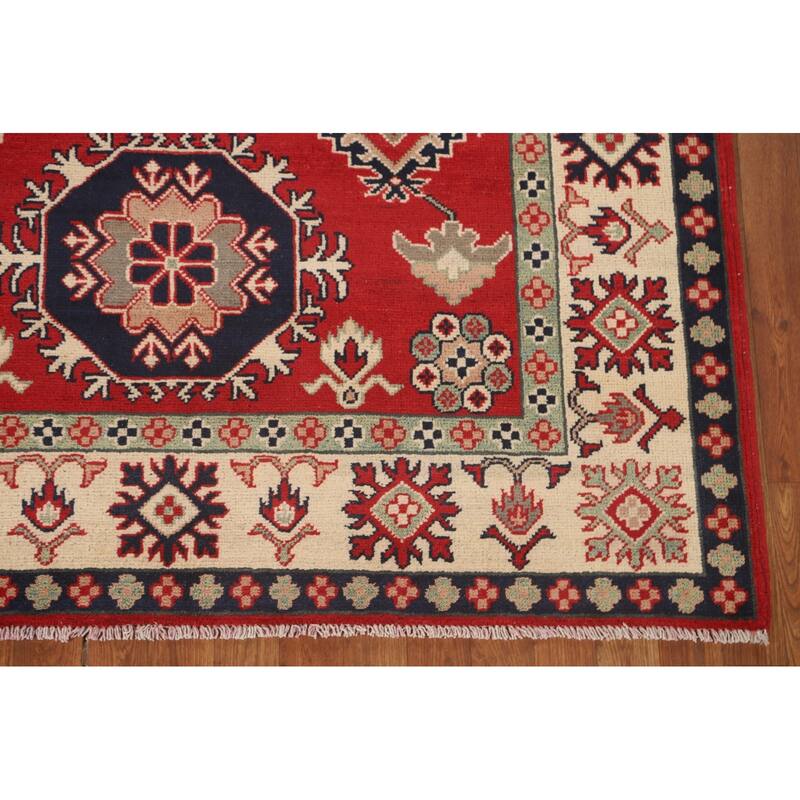 Geometric Kazak Area Rug Handmade Red Wool Carpet - 5'1" x 6'8"