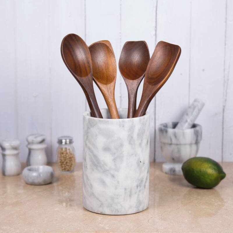 Creative Home Natural Off-White Marble Multi-Functional Tool Crock, Utensil Holder, Counter Top Organizer, 5" Diam. x 7" H