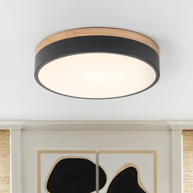 Scandinavian Wooden Accent Round Dimmable LED Flush Mount Light