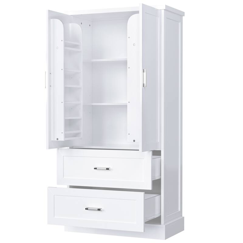 Tall Bathroom Storage Cabinet with Two Doors and Drawers, Adjustable Shelf, MDF Board