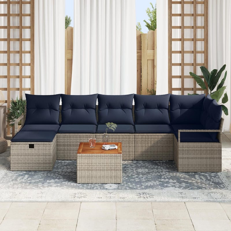 vidaXL 8 Garden Sofa Set with Cushions Black/Grey Poly Rattan - 113 x 48 x 27.2