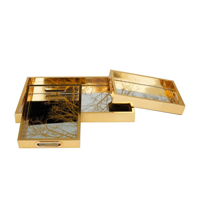 Gold Plastic Mirrored Geometric Living Room Decor Tray (Set of 3)