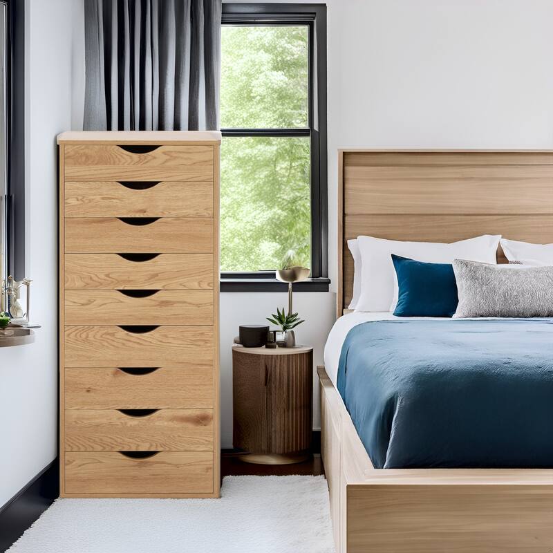 Narrow Wooden 9-Drawer Cabinet with Smooth-Glide Drawers and Top Storage Shelf