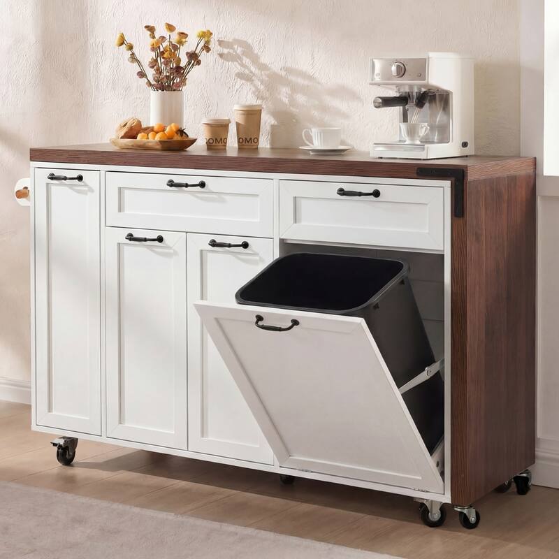102.3" Kitchen Island with Extendable Table, Kitchen Rolling Island Cart with Trash Storage Cabinet, 3-Tier Pull-Out Spice Rack