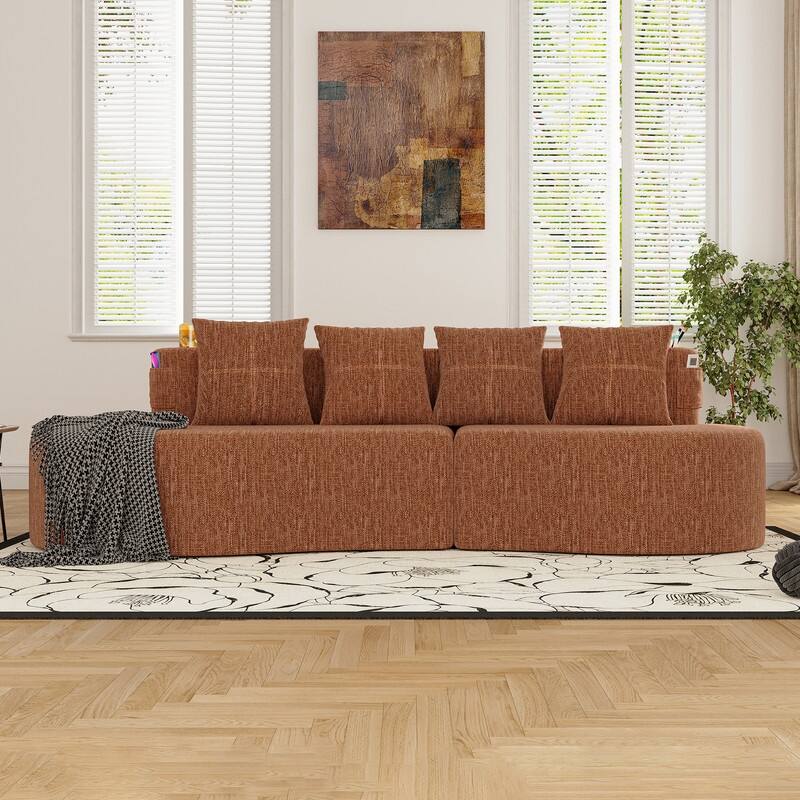 Chenille Upholstered Curved 3 Seat Minimalist Compressed Modular Sectional Sofa - Orange