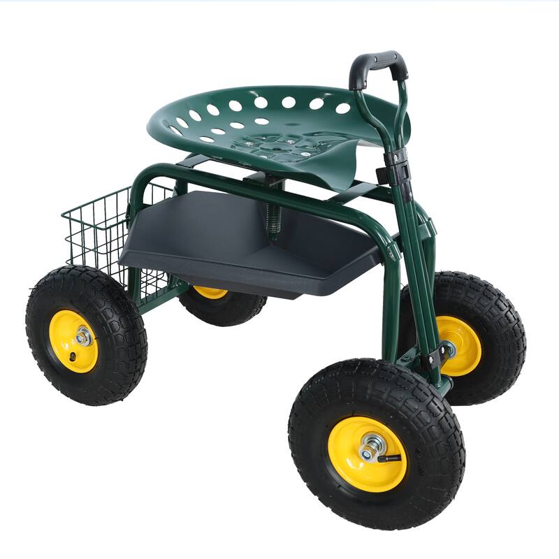 Adjustable Garden Cart with Swivel Seat, Large 10-Inch Wheels, Storage Tray and Basket, Easy Maneuvering - Iron