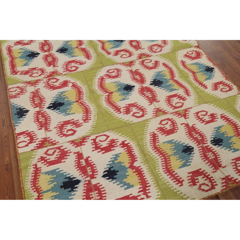Hand-Woven Green Kilim Oriental Area Rug Handmade Wool Carpet - 4'10"x 7'11"