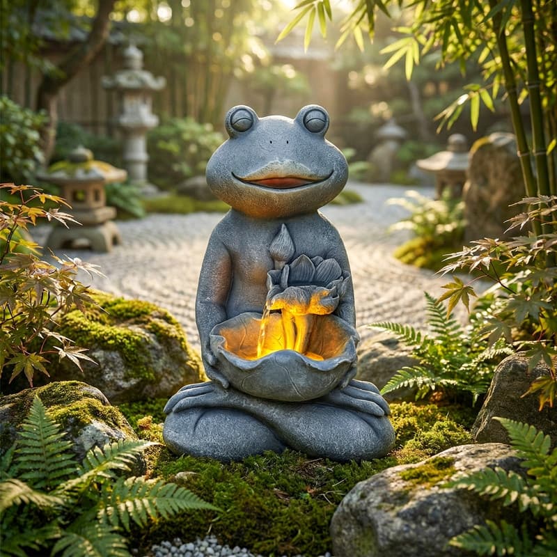 Outdoor Meditating Frog Water Fountain with Lotus Accents 18.9in Tall and Lights