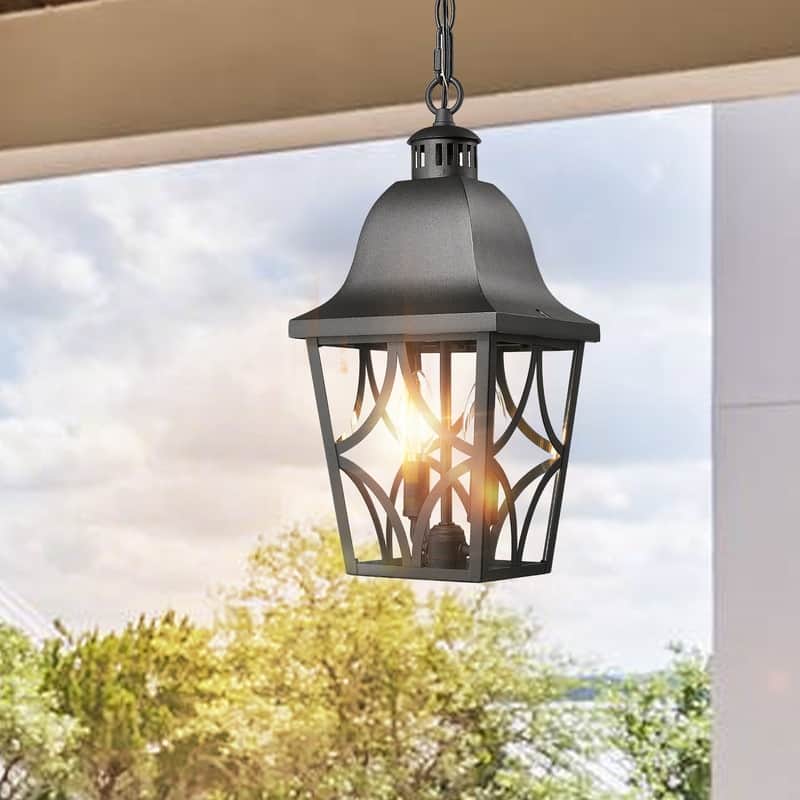 Modern Black Outdoor Pendant Light - Anti-Rust Hanging Lantern with Glass Shade for Porch, Front Door (1-Pack)