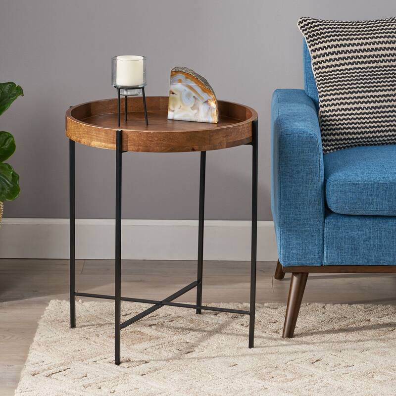 22" Modern Round End Table with Faux Live Edge and Toothpick Legs for Entryway and Living Room