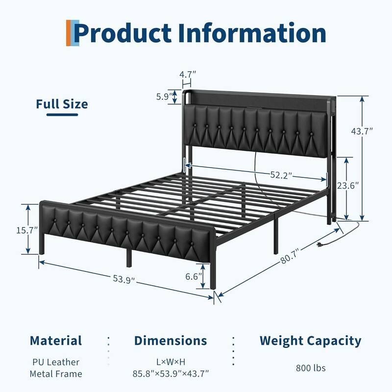 Upholstered Storage & Metal Frame Platform Bed with Charging Station, 3 Sizes