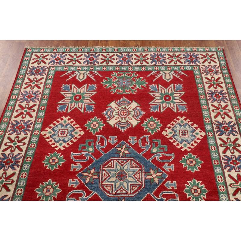 Red Kazak Oriental Area Rug Hand-Knotted Geometric Wool Carpet - 5'0" x 6'7"