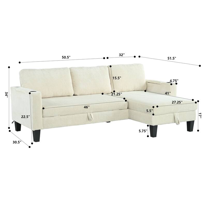 Reversible L-Shaped Beige Corduroy Sleeper Sofa with Storage, Cup Holder & USB Ports