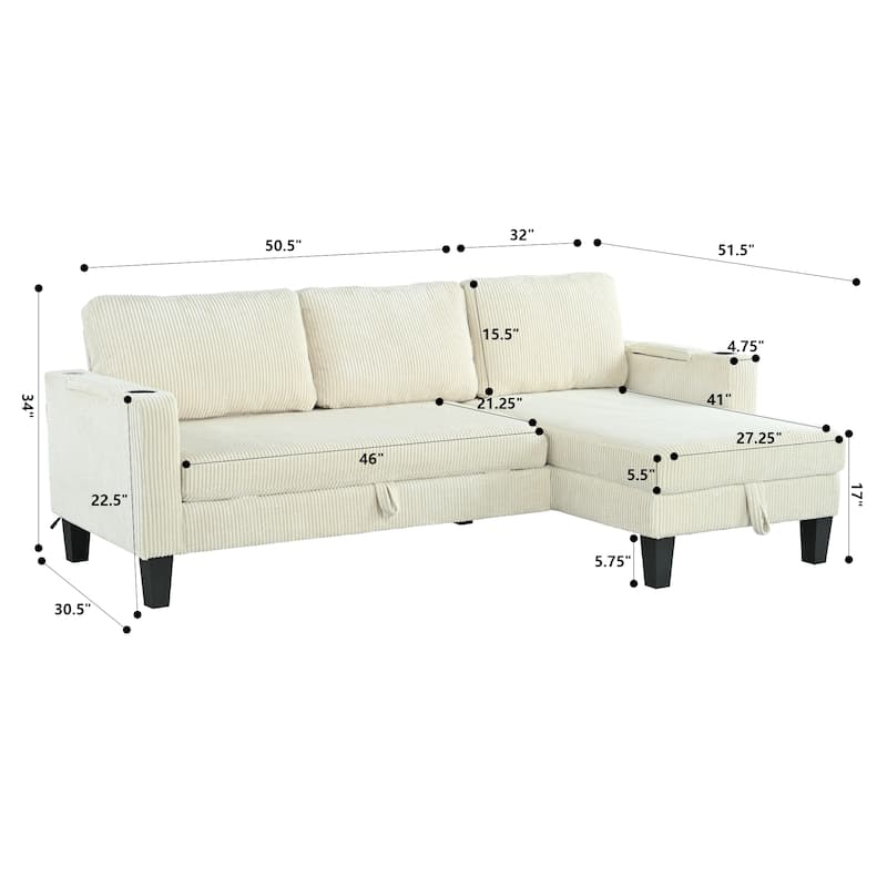 Reversible L-Shaped Sectional Sofa with Storage Chaise, USB Ports, Arm Cup Holder, Modern Corduroy Sleeper Couch for Living Room