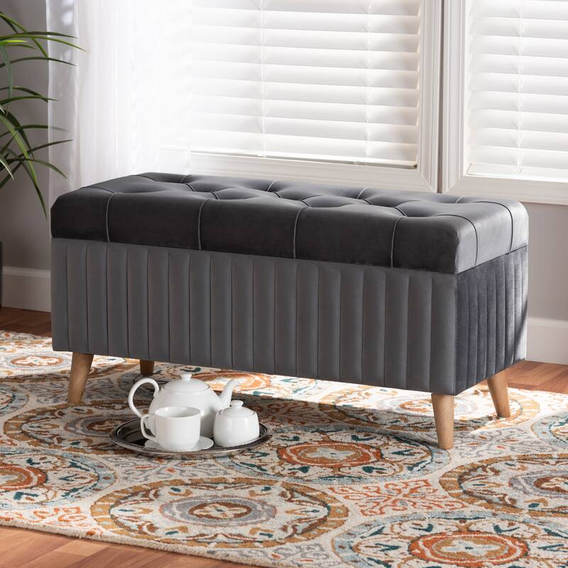 Hanley Modern and Contemporary Velvet Fabric and Wood Storage Ottoman