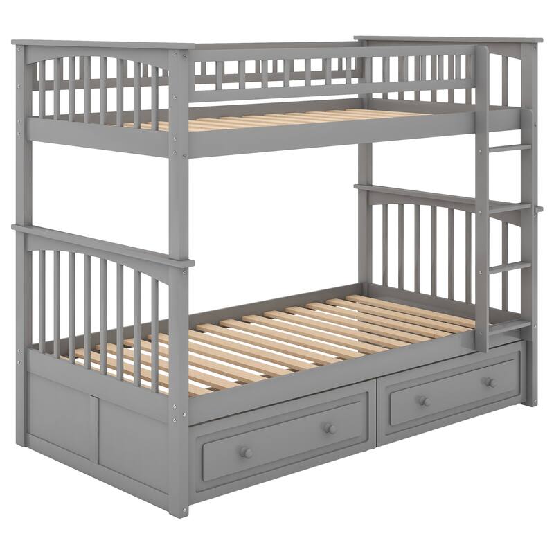 Full or Twin Bunk Bed with Safety Guardrail & 2 Storage Drawers, Convertible Beds Wood Slat Support Bunk Bed