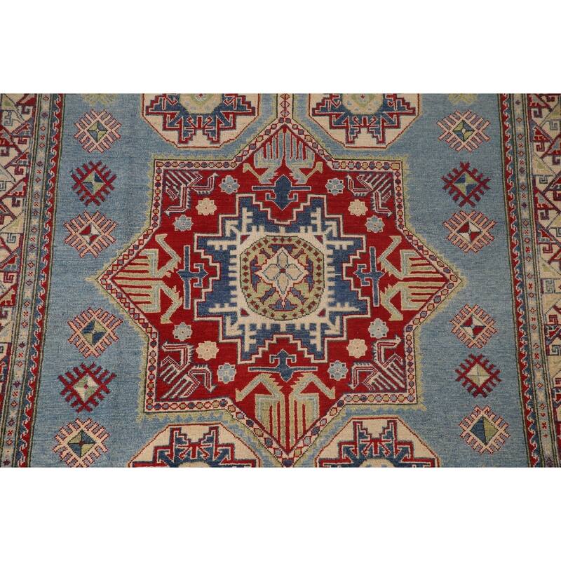Blue Geometric Kazak Area Rug Handmade Oriental Wool Carpet - 6'0" x 9'8"