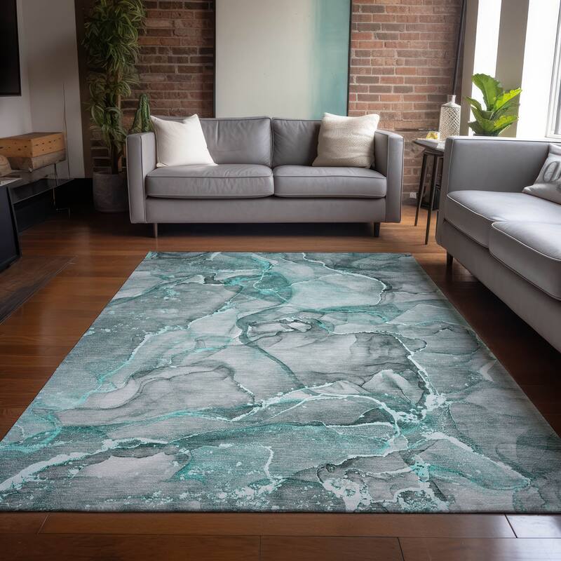 Machine Washable Indoor/ Outdoor Abstract Chantille Rug - 5' x 7'6" - Teal