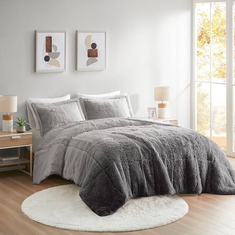 Full/Queen Ombre Shaggy Long Fur Comforter Mini Set - Grey