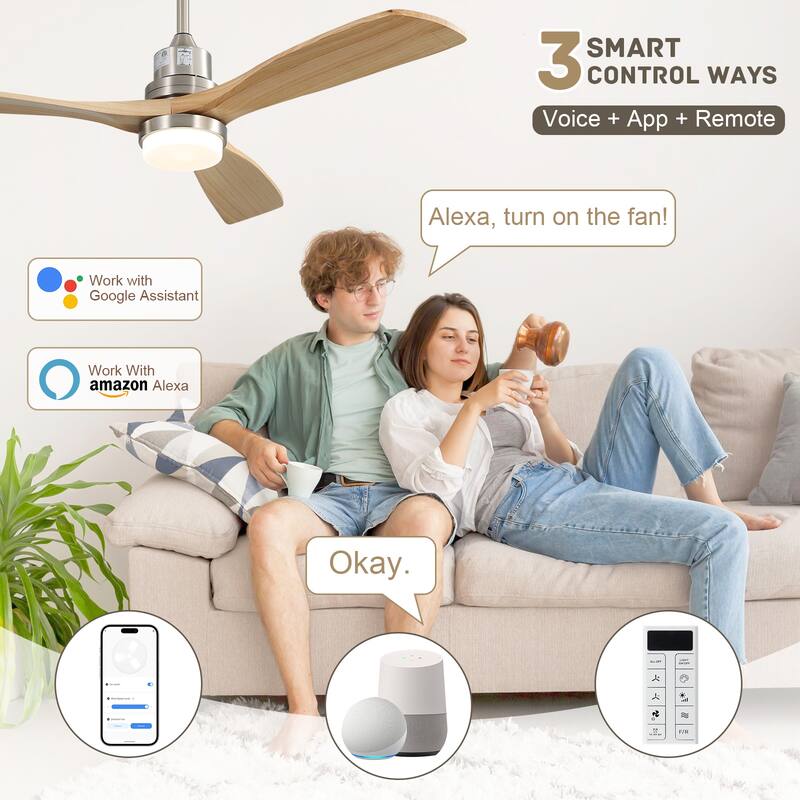 Sofucor 52 Inch Ceiling Fan with Light and Remote,Smart Optional,Quiet DC Motor for Bedroom Living Room Farmhouse Patio Porch