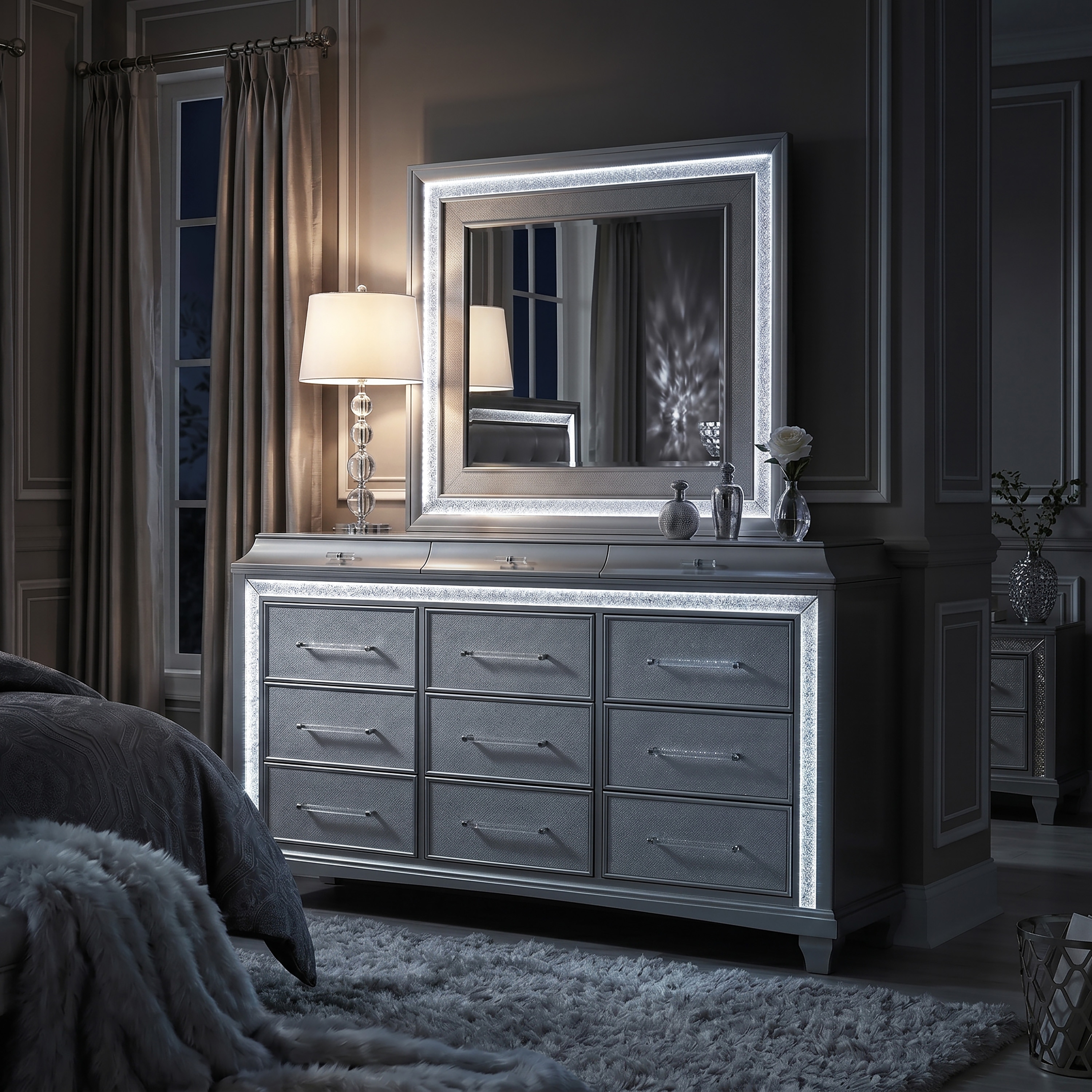silver dresser with mirror Anson Glam 2-Piece and Set LED 63W x 17.5D x 39H Homelegance Cavalier Dresser with Mirror