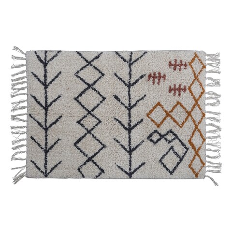 Cotton Tufted Bath Mat with Abstract Design and Fringe