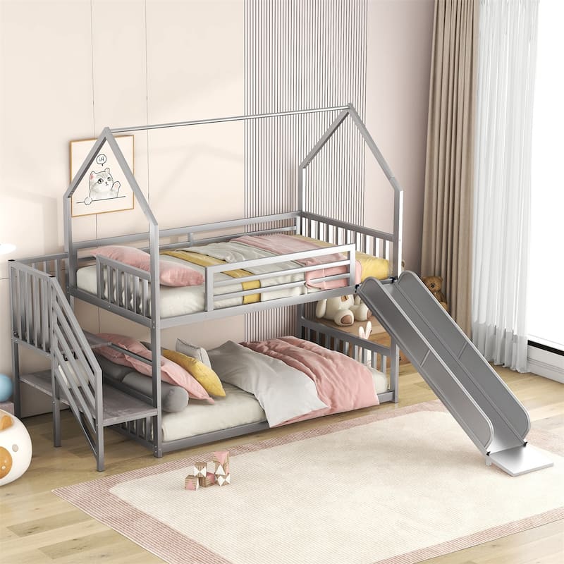 Twin over Twin Metal Bunk Bed House Bed with Slide and Staircase in Silver