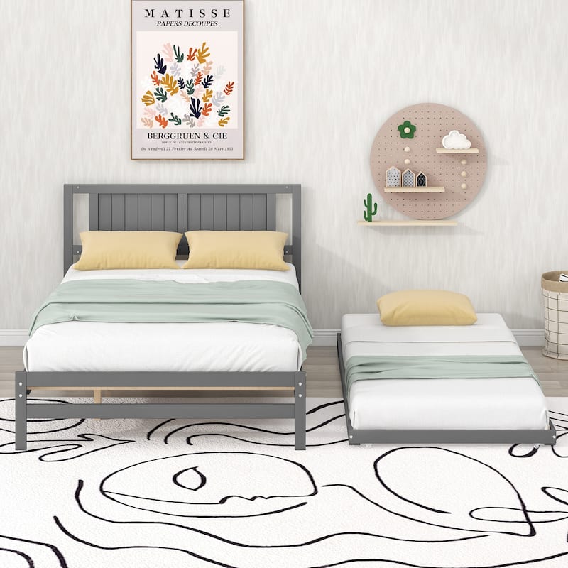 Grey Wood Full Size Platform Bed with Adjustable Trundle
