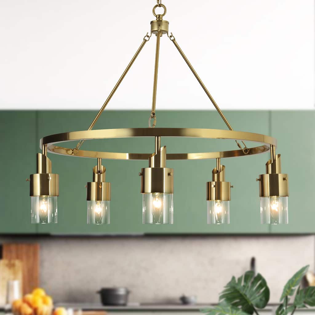 Hartwin Modern Glam 5-Light Antique Gold Wagon Wheel Chandelier Clear Glass Pendant Lights - 26" D x 24" H