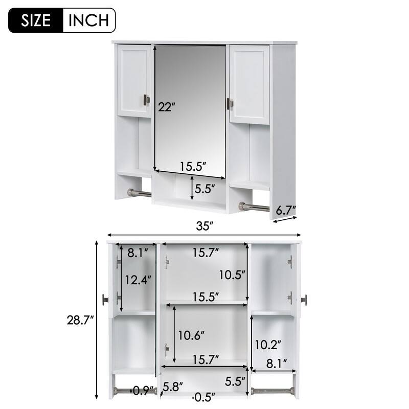 Grondin Modern Style Bathroom Wall Mounted Medicine Cabinet with Mirror Door, Towel Bars and Open Storage Shelves
