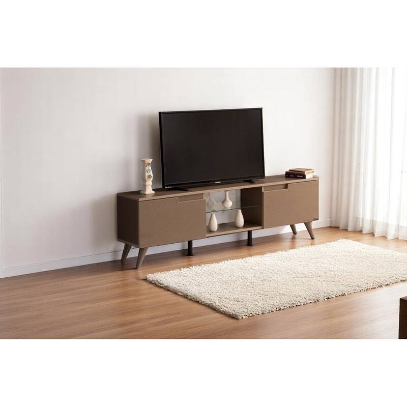 Dannie Modern TV Stand with 2 Doors Storage Cabinets 1 Glass Shelf, Wood Finish, Living Room Entertainment Center - Brown