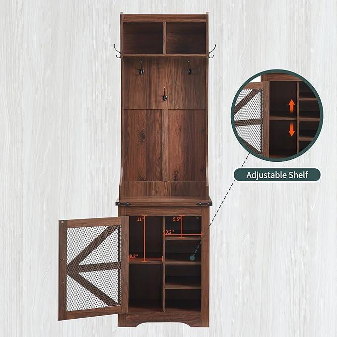23" Wide Farmhouse Entryway Bench with Coat Rack, Hall Tree Cabinet