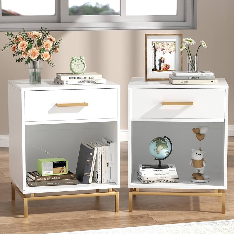 Anmytek Modern 1-Drawer White Nightstand Wood Bedside Table with Open Shelf (Set of 2)