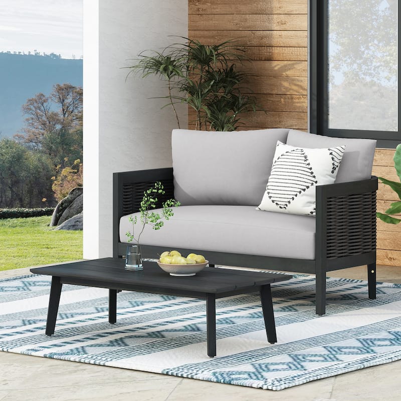 Christopher Knight Home Burchett Acacia Wood Outdoor Loveseat and Coffee Table Set with Optional Sunbrella Cushions - Polyester Grey Cushion