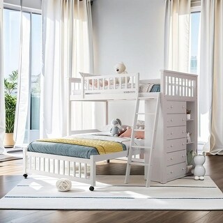 Wooden Twin Over Full Bunk Bed With 6 Drawers And Shelves, White